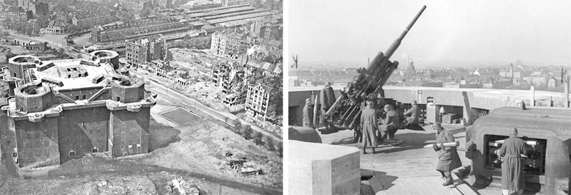 Flak tower in Berlin and an anti-aircraft gun