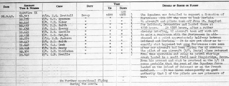 Excerpt from the 133 Sqn Operational Record Book
