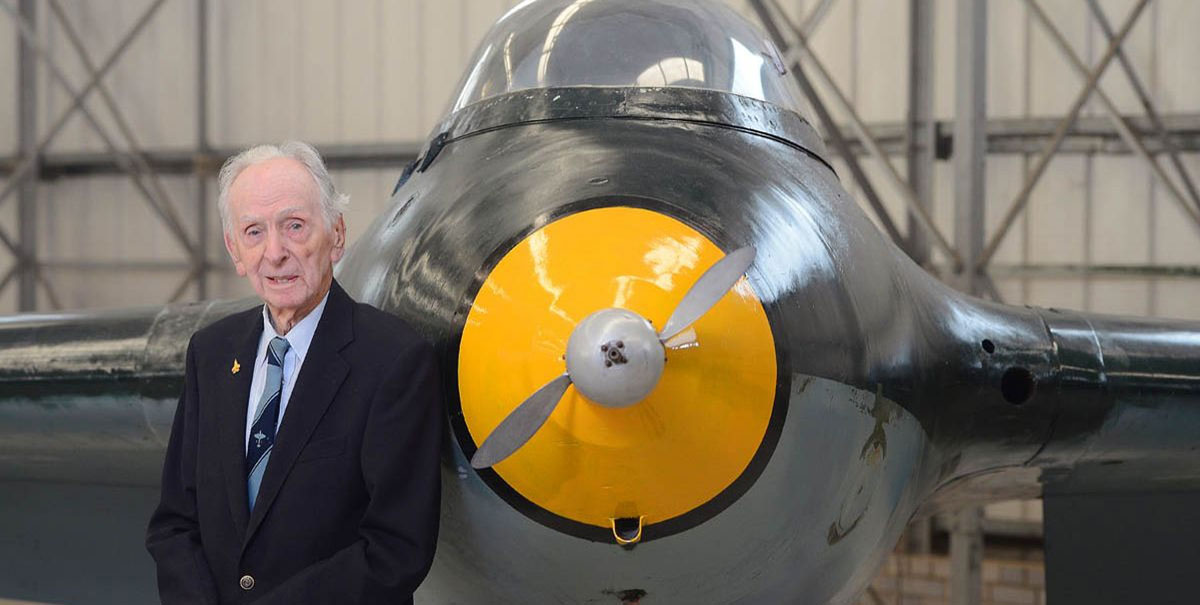 Eric ‘Winkle’ Brown photographed at the National Museum of Flight at East Fortune in September 2015, with a German Messerschmitt Me 163 ‘Komet’ rocket fighter