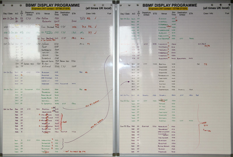 The flying programme boards in the BBMF HQ 