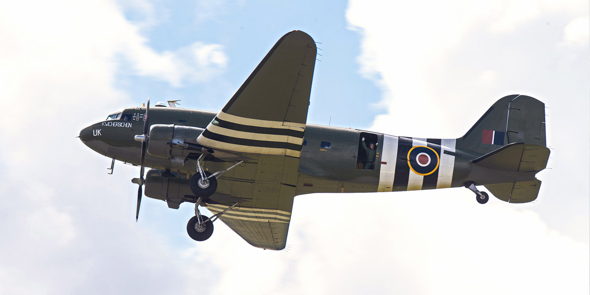 BBMF C-47 Dakota ZA947 flies past with undercarriage down