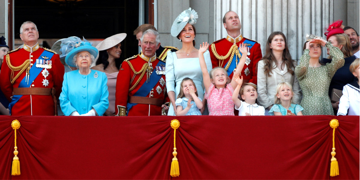 HM The Queen and members of the Royal Family watching the flypast on 9th June 2018