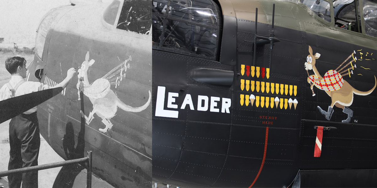 Watts painting the original Kangaroo nose art onto Lancaster W5005 ‘AR-L’ in July 1943