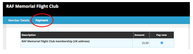 Choose the payment section to renew your RAF Memorial Flight Club membership